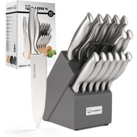 Kitchen Knife Set, 15 Pieces Knife Set With Block, Knives Set For Kitchen, Silver Hollow Ergonomic Handle For Chef Knife Set, Kitchen Shears,Blac (Option: sliver)